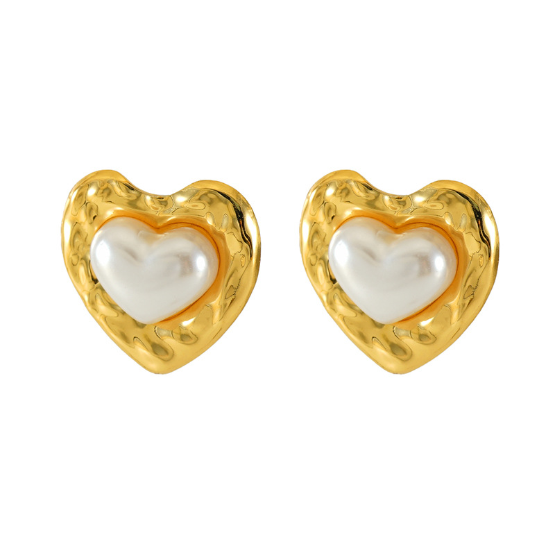 1 paar Simple Series Casual Heart roestvrij staal 18K vergulde imitatieparel dames oorbellen h5 